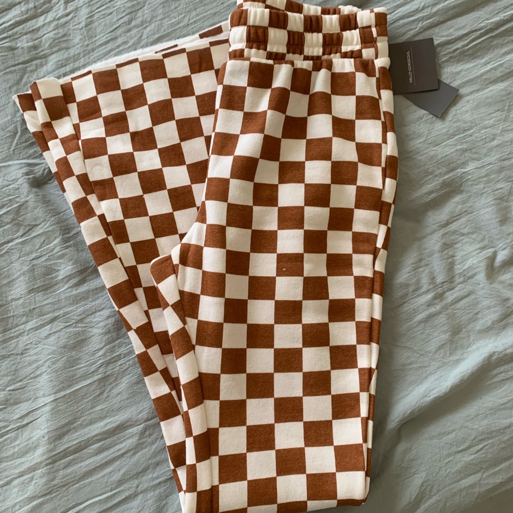 Brown & White Checkered Flare Pants